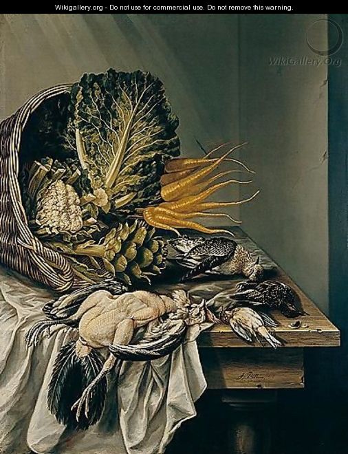 Still Life With An Overturned Basket Of Vegetables And Varoius Fowl On A White Cloth - Jacobus Biltius