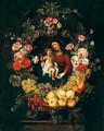 A Still Life Of A Garland Of Fruit And Flowers Around The Virgin And Child - Frans Ykens