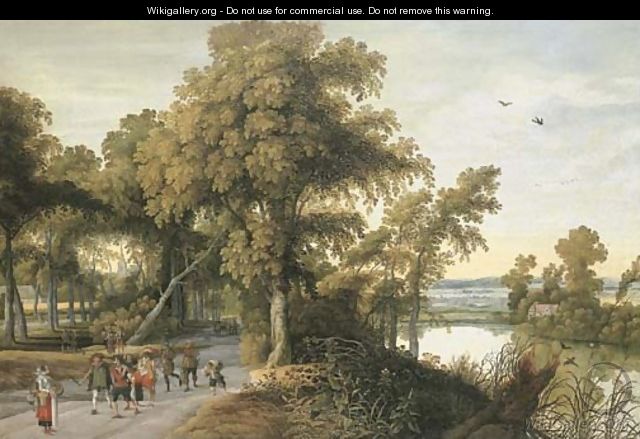 A wooded river landscape with soldiers, peasants and huntsmen on a path, a church through the trees beyond - Willem Van Den Bundel