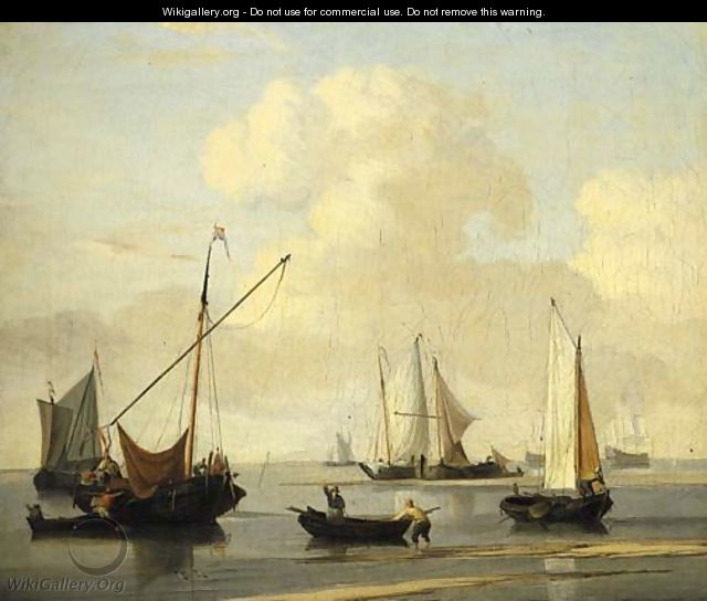 A kaag, a weyschuit and two rowing-boats off a sandbank in a calm, two men-o