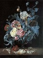 Roses, irises, poppies and other flowers in a glass vase - Willem Van Aelst