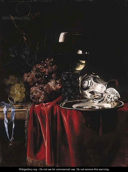 Grapes, a pocketwatch, a roemer, a silver ewer and a plate - Willem Van Aelst