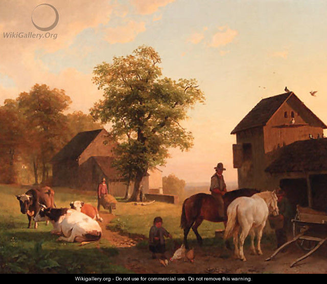 Farmyard with peasants and cattle - Jacobus Nicolaas Tjarda Van Stachouwer