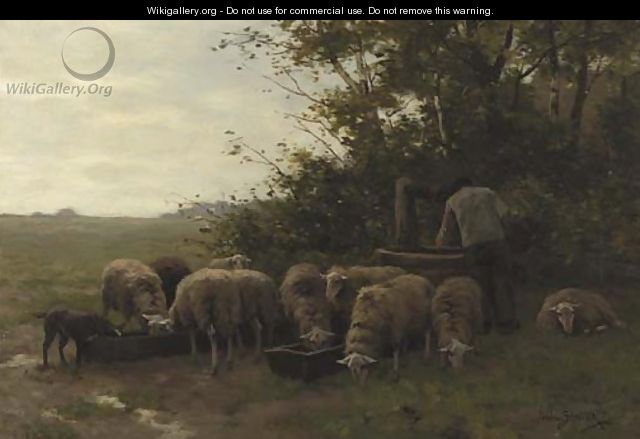 A shepherd and flock by a well on the heath - Willem II Steelink