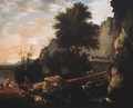 Cowherds and cattle on a footbridge in an Italianate landscape - Willem Schellinks