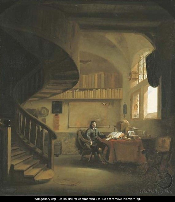 The interior of a study with a philosopher at a table by a window - Willem Schellinks