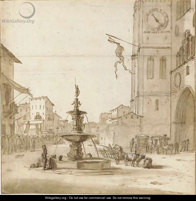 A view of the Piazza del Duomo, Messina, with the Fountain of Orion, the Cathedral to the right - Willem Schellinks