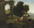 Cattle and sheep by a ruined church in an Italianate landscape - Willem Romeyn