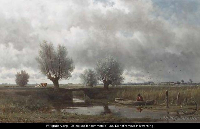 Na de regen a fisherman in a polder landscape - Willem Roelofs