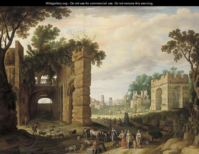 The Roman Forum with drovers and watercarriers on a path in the foreground - Willem van, the Younger Nieulandt