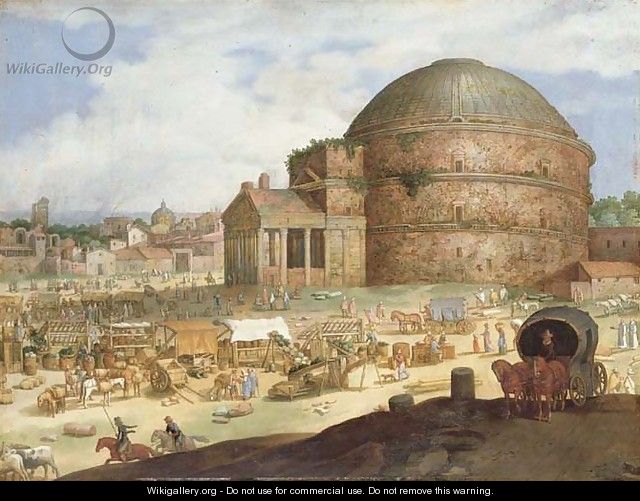A view of the Pantheon, Rome, with townsfolk at a market - Willem van, the Younger Nieulandt