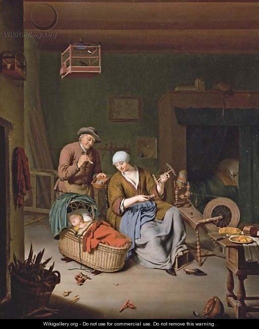 A woman spinning yarn with a baby in a wicker basket and an old man smoking a pipe - Willem van Mieris