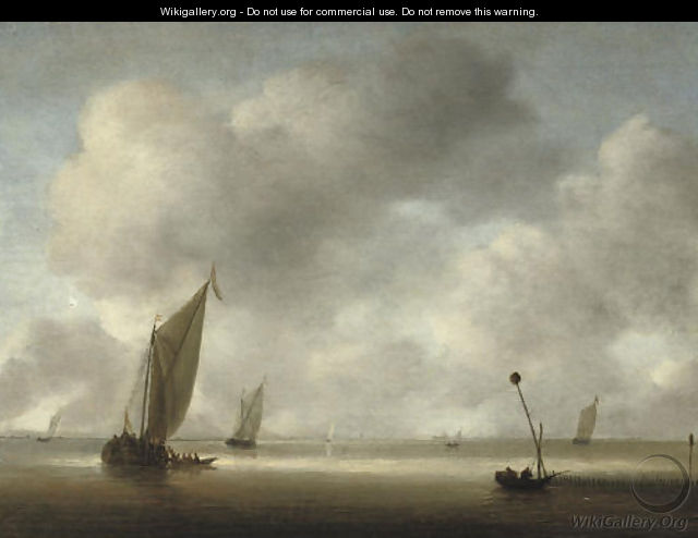 A calm with fishing boats and fishermen in the foreground - Willem van Diest