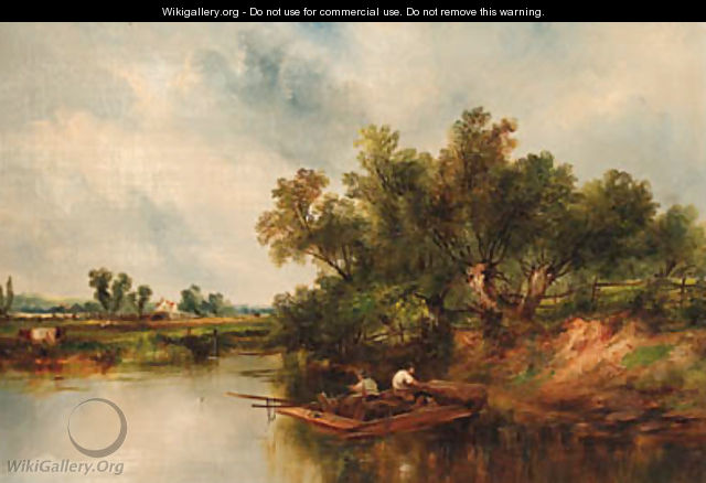 Anglers on a barge in a river landscape - William Archibald Wall