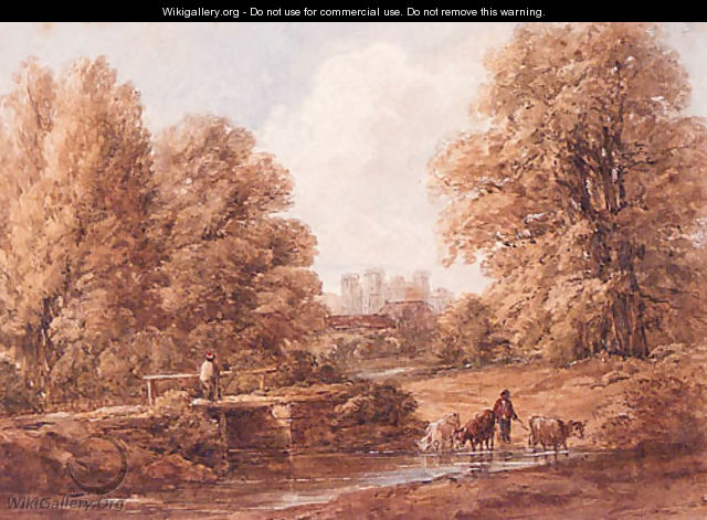 Cattle crossing a Stream with a Castle beyond - William James Bennett