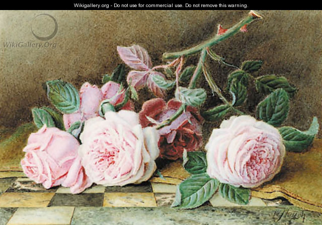 Still-life of pink roses on a marble topped table - William B. Hough