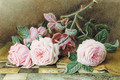Still-life of pink roses on a marble topped table - William B. Hough