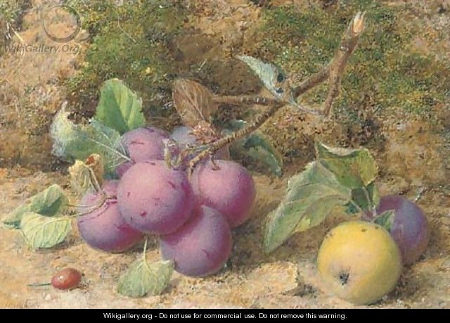 Still life of plums and an apple on a mossy bank - William B. Hough