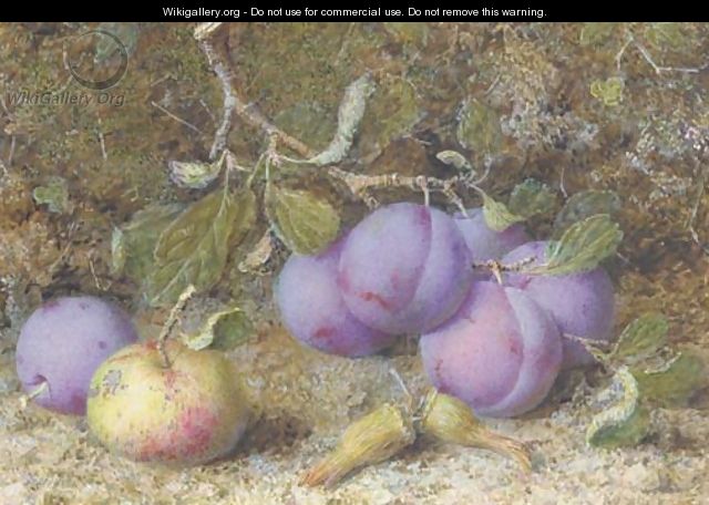 Plums, an apple and hazelnuts on a mossy bank - William B. Hough