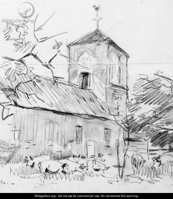 Pigs rooting near a small church - Willem Bastiaan Tholen