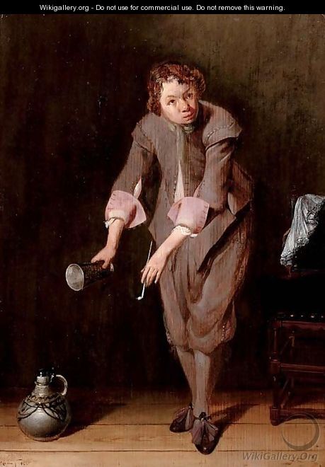 A youth holding a silver cup and a pipe - Willem Cornelisz. Duyster