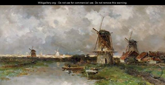 Opkomend onweder windmills along a river - Willem Cornelis Rip