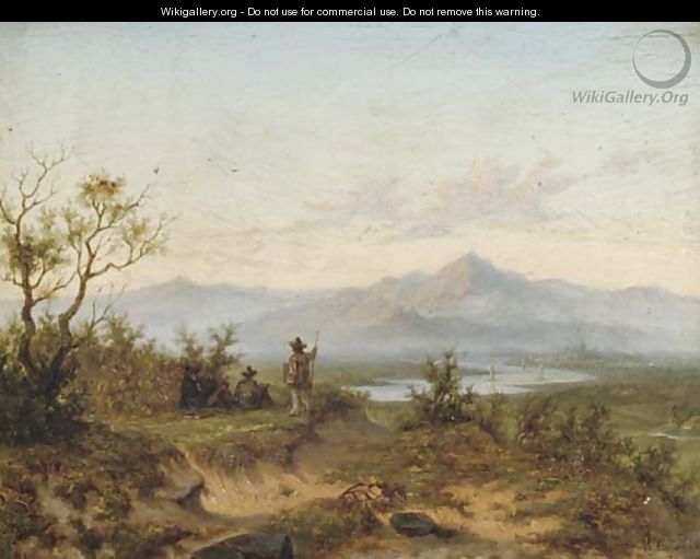 Artists working in a mountainous river landscape - Willem Cornelis Rip