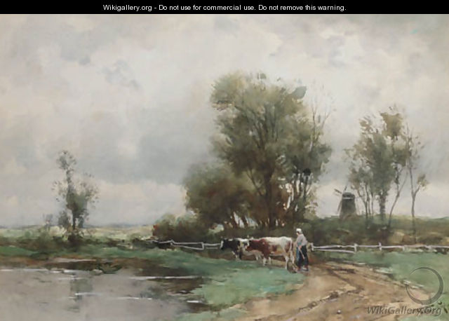 A cowherdess watering cows - Willem Cornelis Rip