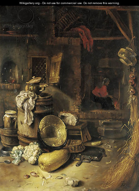 The courtyard of a cottage with a peasant by a fire - Willem Kalf