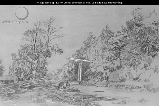A wooded landsape with a peasant in a praam by a draw-bridge - Willem de Zwart