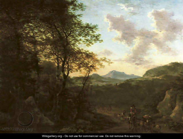 An Italianate wooded landscape with a peasant on his mule driving sheep on a track, a river and mountains beyond - Willem de Heusch