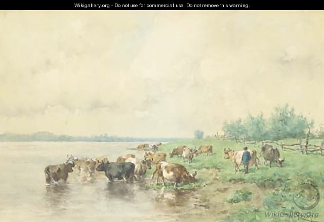 Cattle grazing by the riverside - Willem Roelofs