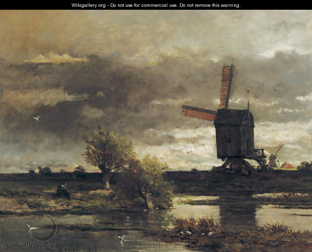 Afternoon fishing near a windmill - Willem Roelofs