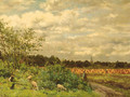 A shepherd and sheep on a country lane by a cornfield - Willem Johannes Oppenoorth