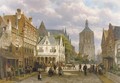 A capriccio view of a sunlit town square with numerous figures - Willem Koekkoek
