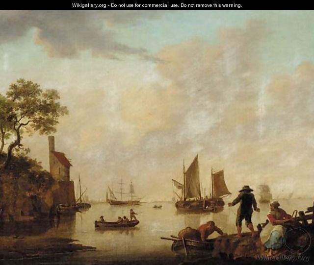 An extensive river landscape with peasants mooring a boat and ships beyond - Willem Kett