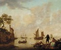 An extensive river landscape with peasants mooring a boat and ships beyond - Willem Kett