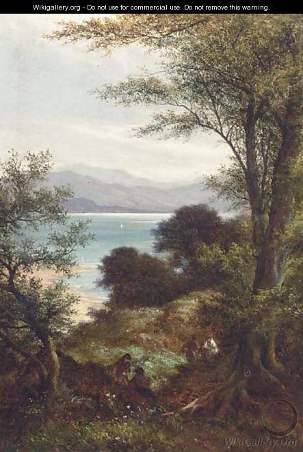 Figures in a wooded landscape, a coastal view beyond - William Heath