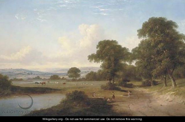 Children by a pond in a wooded landscape with cattle beyond - William Heath