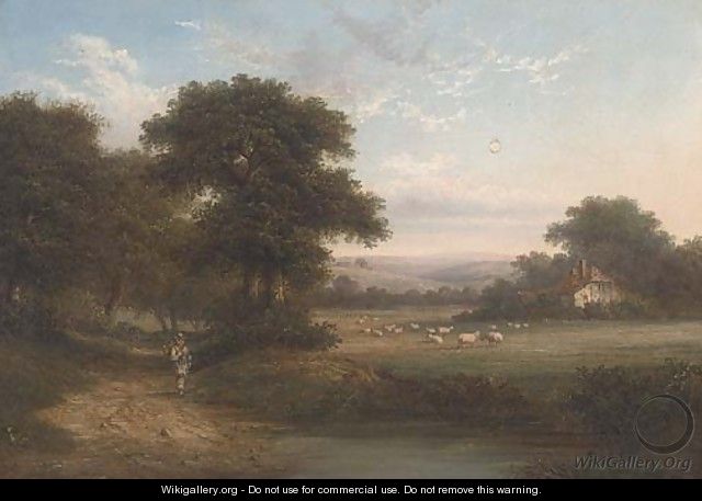 A shepherd on a wooded track, a cottage beyond - William Heath