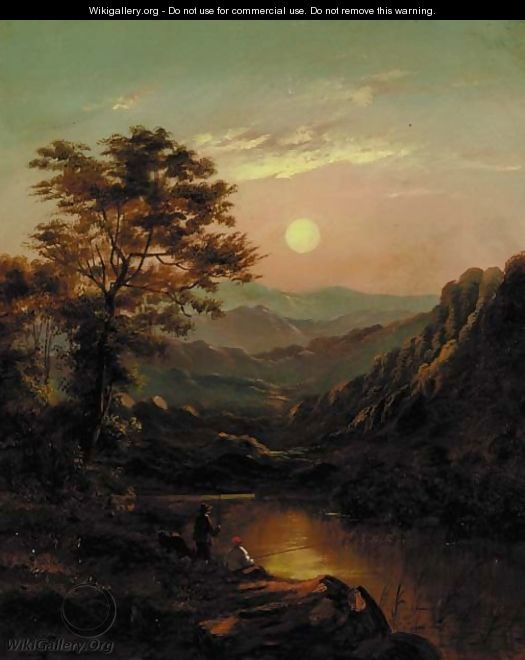 Anglers in a mountainous landscape at sunset - Walter Williams