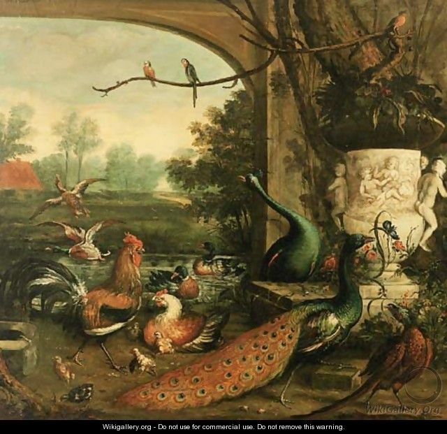 Peacocks, chickens and pheasants by a sculpted vase - Wilfred Williams Ball
