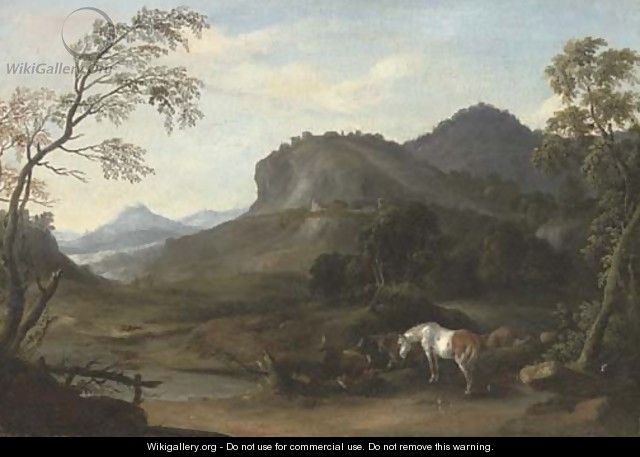 A mountainous river landscape with horses and cattle grazing by a tree - Wenzel Ignaz Prasch