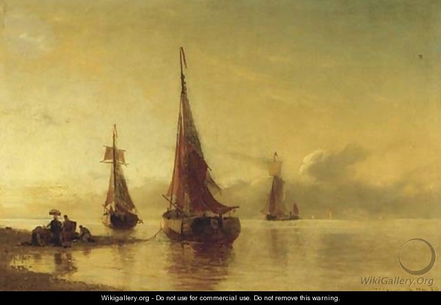 Moored sailing vessels by a coast at dusk - Viggo Fauerholdt