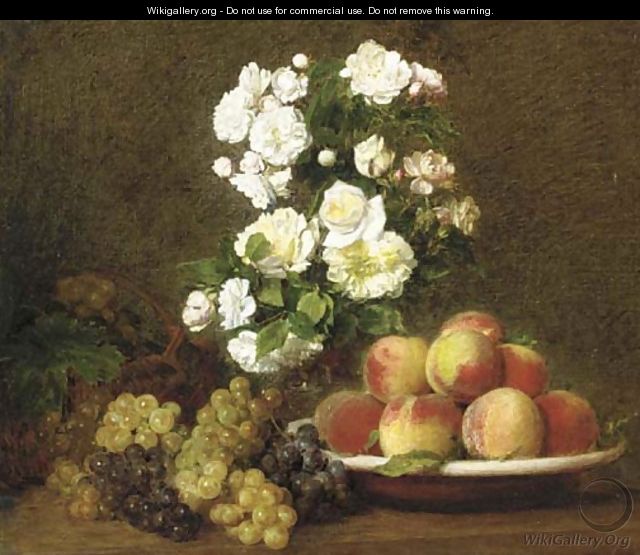 White roses in a vase with peaches and grapes on a table - Victoria Dubourg Fantin-Latour