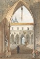 The interior of a gothic monastery seen through an arch - Victor Jean Nicolle