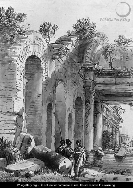 Inundated ruins with soldiers in the foreground - Victor Jean Nicolle