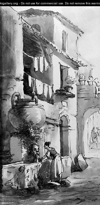 An Italian street with a woman washing clothes at a fountain - Victor Jean Nicolle