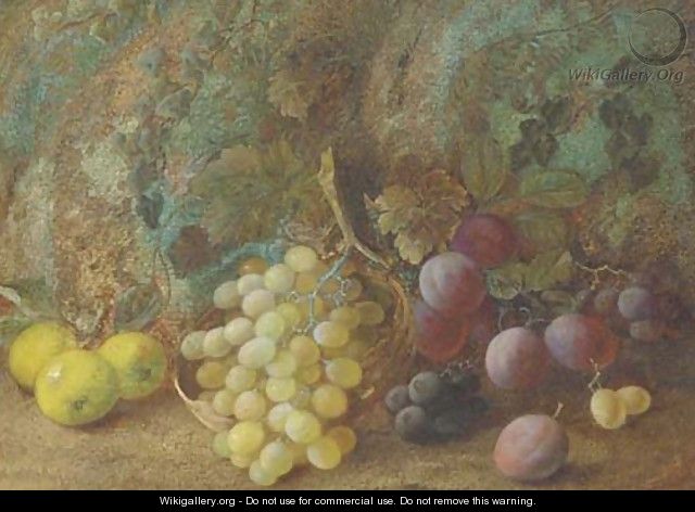 Still life of apples, plums and grapes in a basket on a mossy bank - Vincent Clare