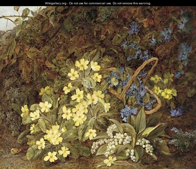 Lilies of the valley, primulas, forget-me-nots and violets on a mossy bank - Vincent Clare
